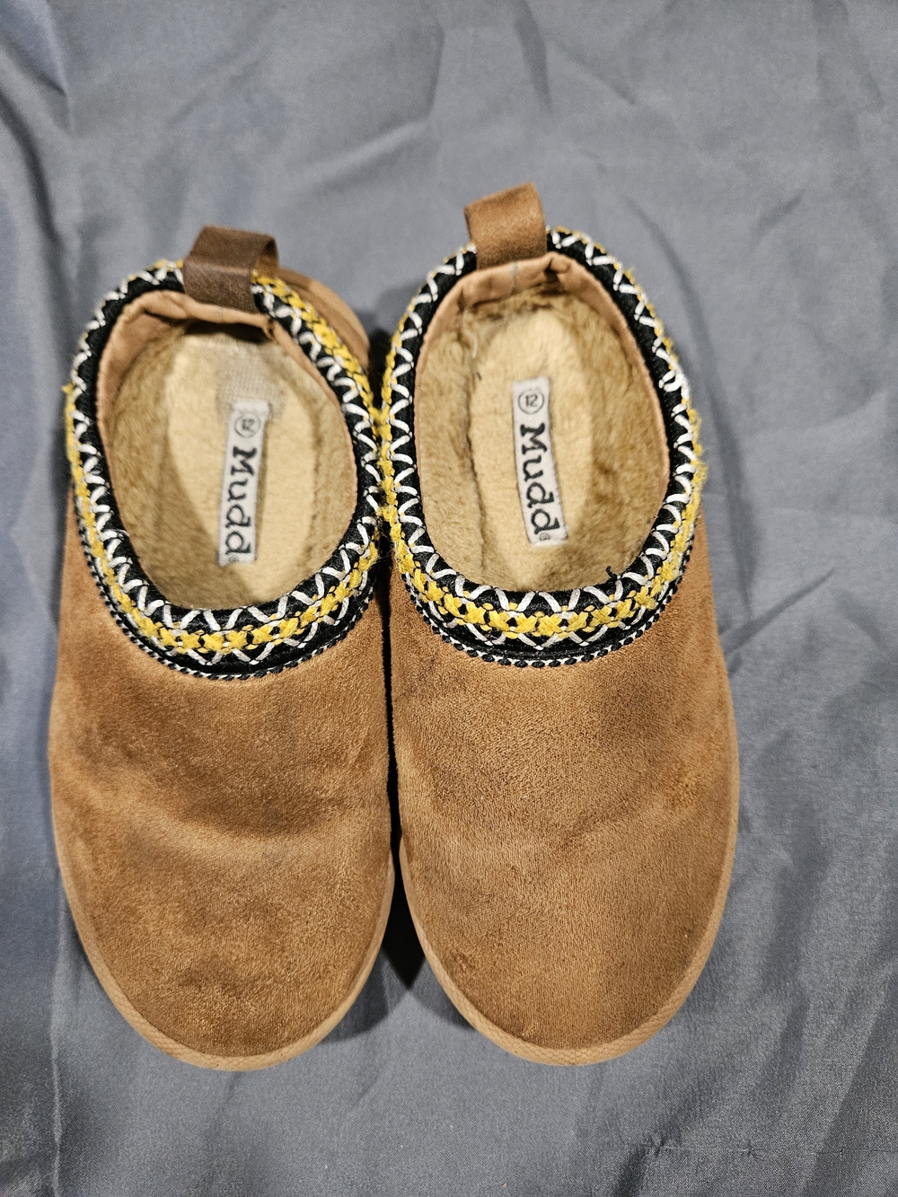 Mudd Kids Brown Slip-On Faux-Fur Lined Slippers with Black & Yellow Trim